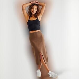 FREE PEOPLE Skyline Midi Skirt Ribbed Knit Front Slit Coquette Stretch Brown